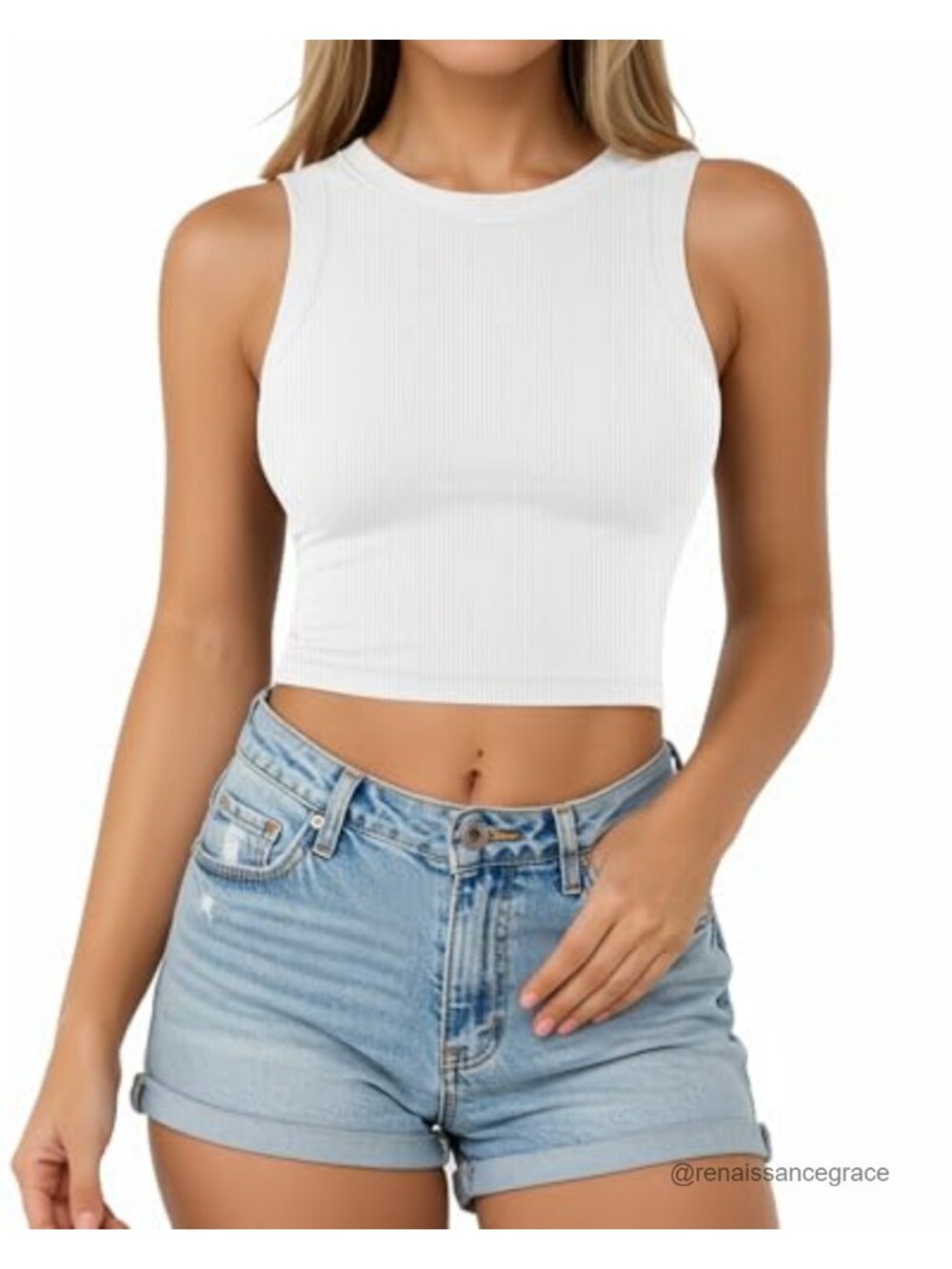 Ribbed Sleeveless Crop Tank Top for Women Round Neck Stretch Basic Top